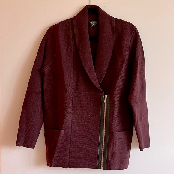BNWOT CLUB MONACO 100% WOOL BURGUNDY LEATHER ZIP SWEATER - Picture 11 of 11